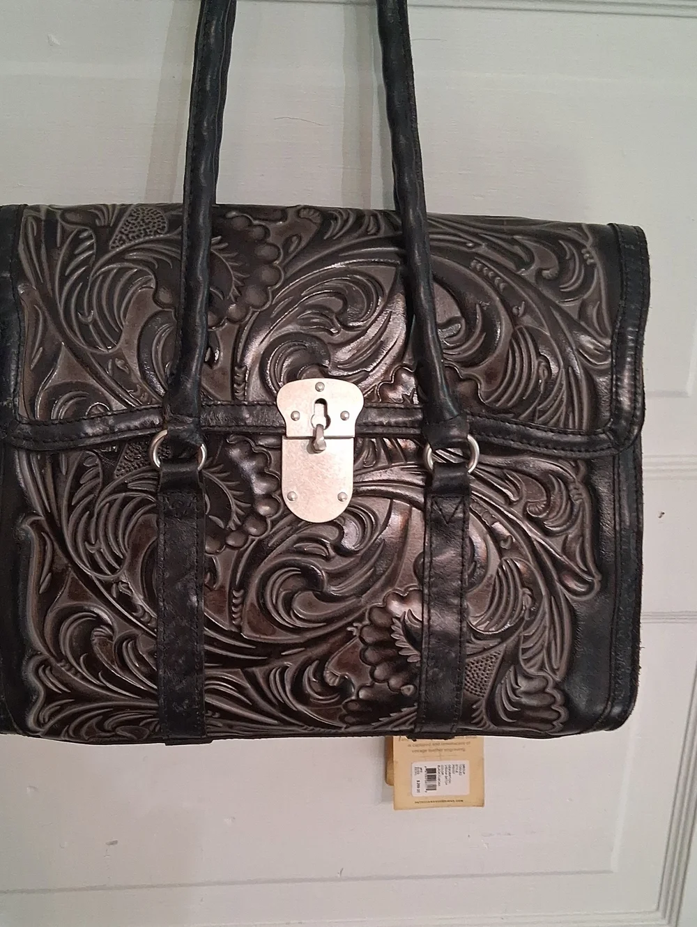 Show Stopper Patricia Nash Black and Brown Tooled Floral Satchel NWT, Large